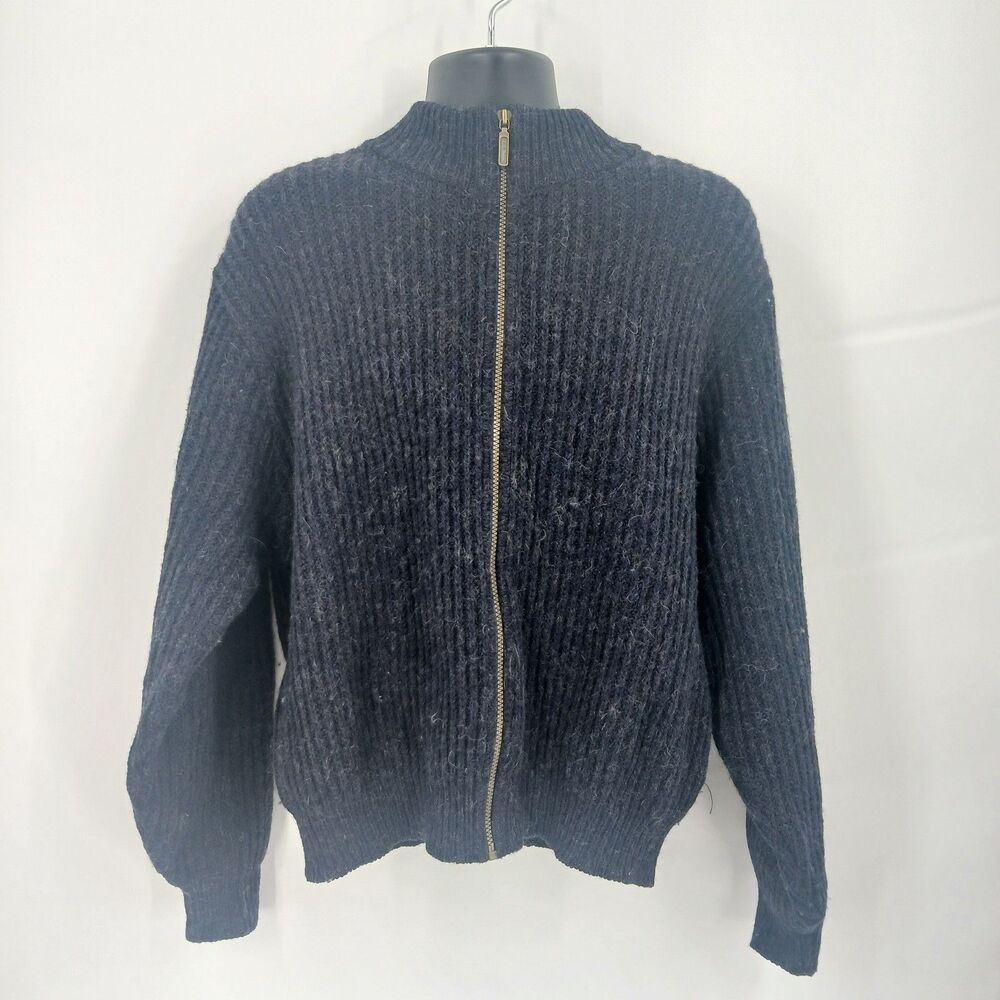 mens vintage size medium L. L. Bean wool blend full zip navy blue sweater